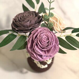 Cream and Purple Sola Wood Flower Arrangement in Burgundy Mason Jar, Home Decor